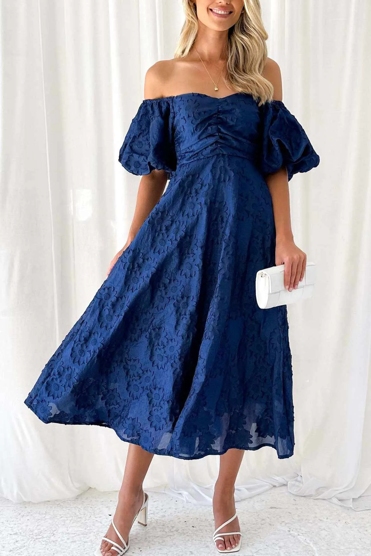 Flower Off Shoulder Puff Sleeve Midi Dress