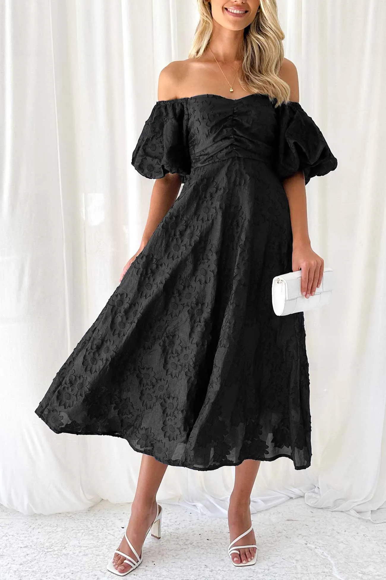 Flower Off Shoulder Puff Sleeve Midi Dress