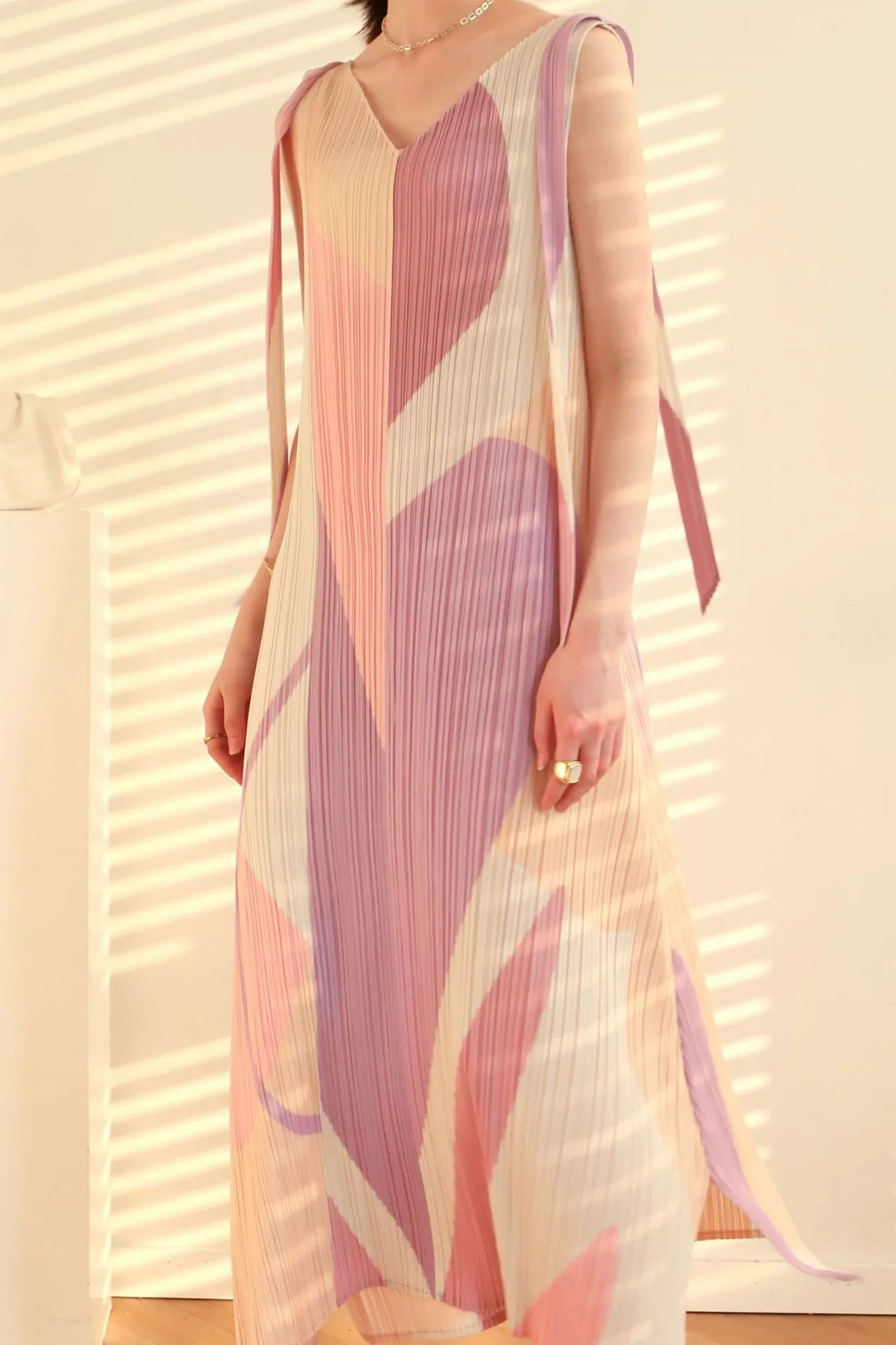 Fully Pleated Tie-Shoulder Print Dress