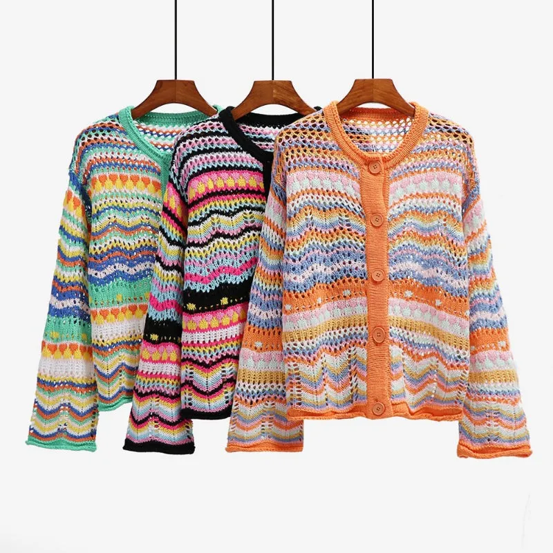 Fun Summer Crochet Style Hollow Out Long Sleeve Knit Cardigans