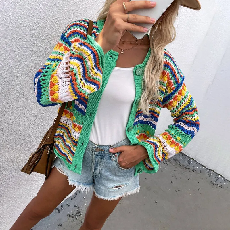 Fun Summer Crochet Style Hollow Out Long Sleeve Knit Cardigans