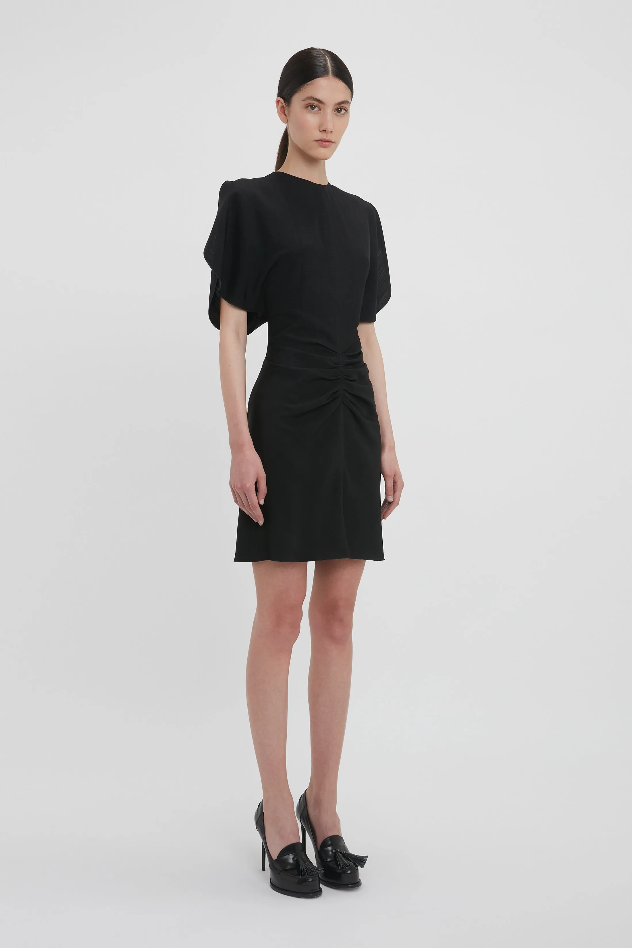 Gathered Waist Mini Dress In Black