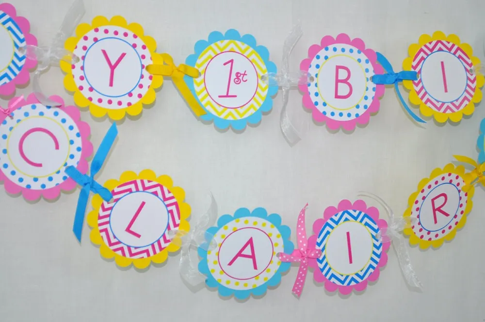 Girls Birthday Favor Stickers, 1st Birthday, Party Favors, Treat Bag Stickers, Chevron Polkadot Decorations, Blue, Pink, Yellow - Set of 24