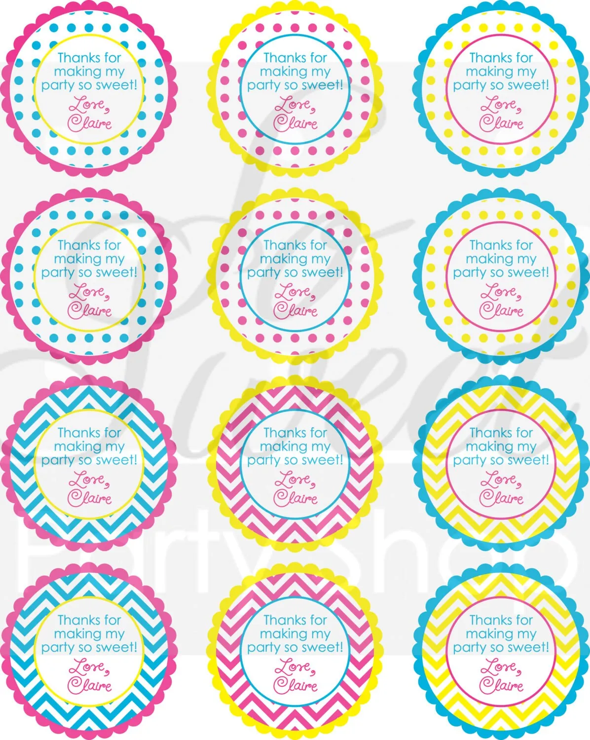 Girls Birthday Favor Stickers, 1st Birthday, Party Favors, Treat Bag Stickers, Chevron Polkadot Decorations, Blue, Pink, Yellow - Set of 24