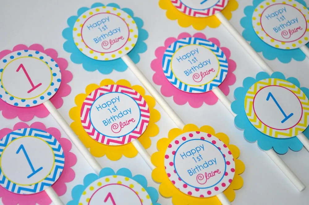 Girls Birthday Favor Stickers, 1st Birthday, Party Favors, Treat Bag Stickers, Chevron Polkadot Decorations, Blue, Pink, Yellow - Set of 24