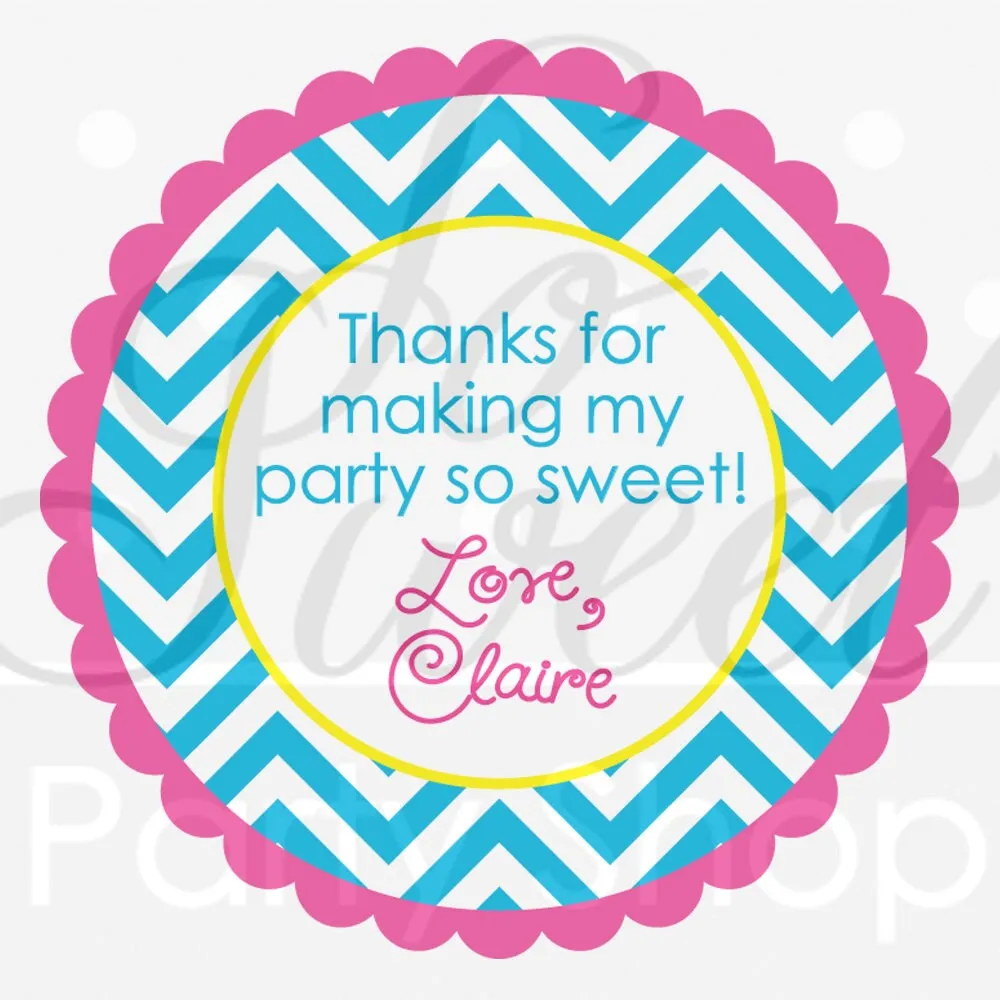 Girls Birthday Favor Stickers, 1st Birthday, Party Favors, Treat Bag Stickers, Chevron Polkadot Decorations, Blue, Pink, Yellow - Set of 24