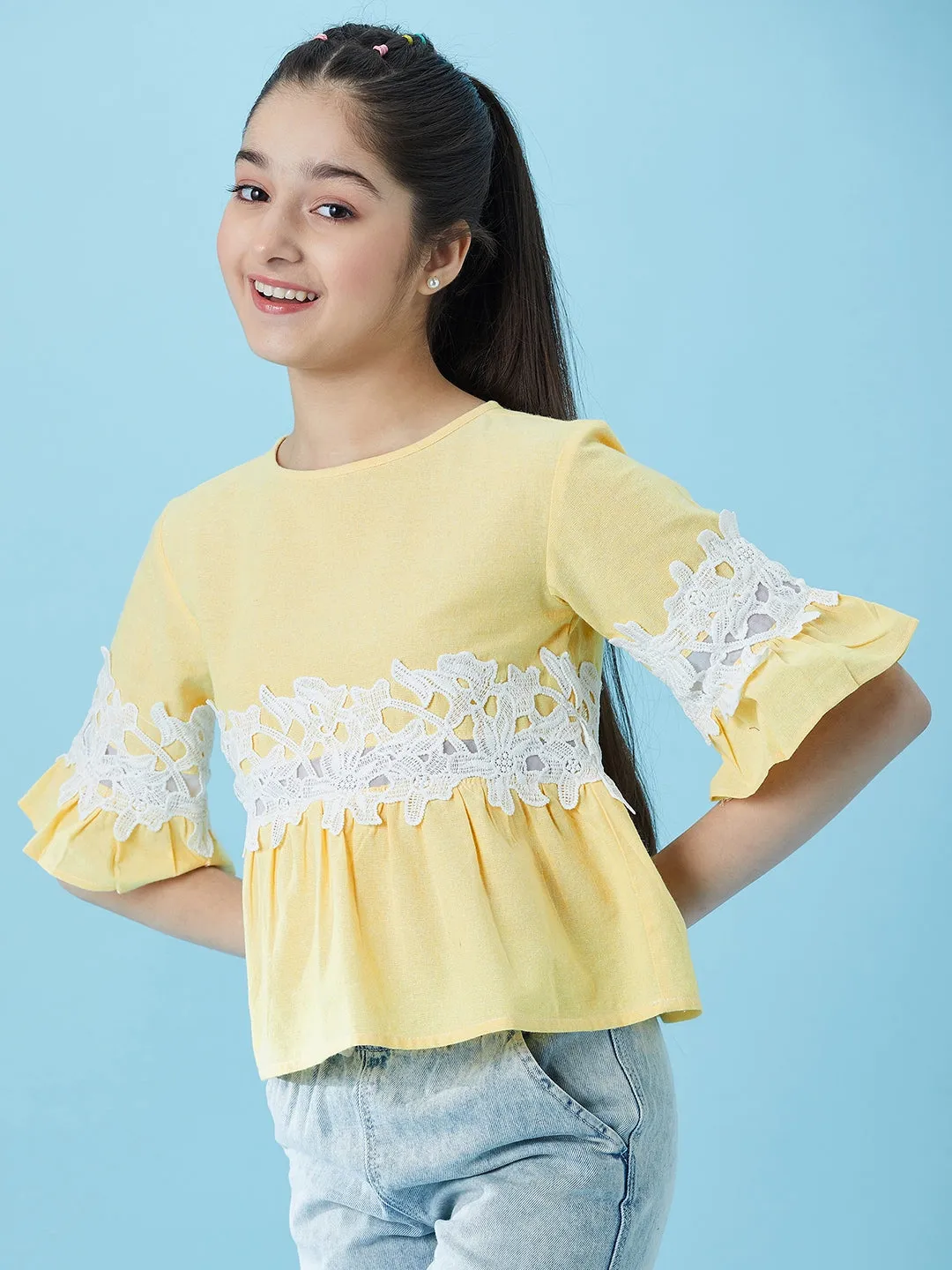 Girls Lace Insert Cotton Peplum Top