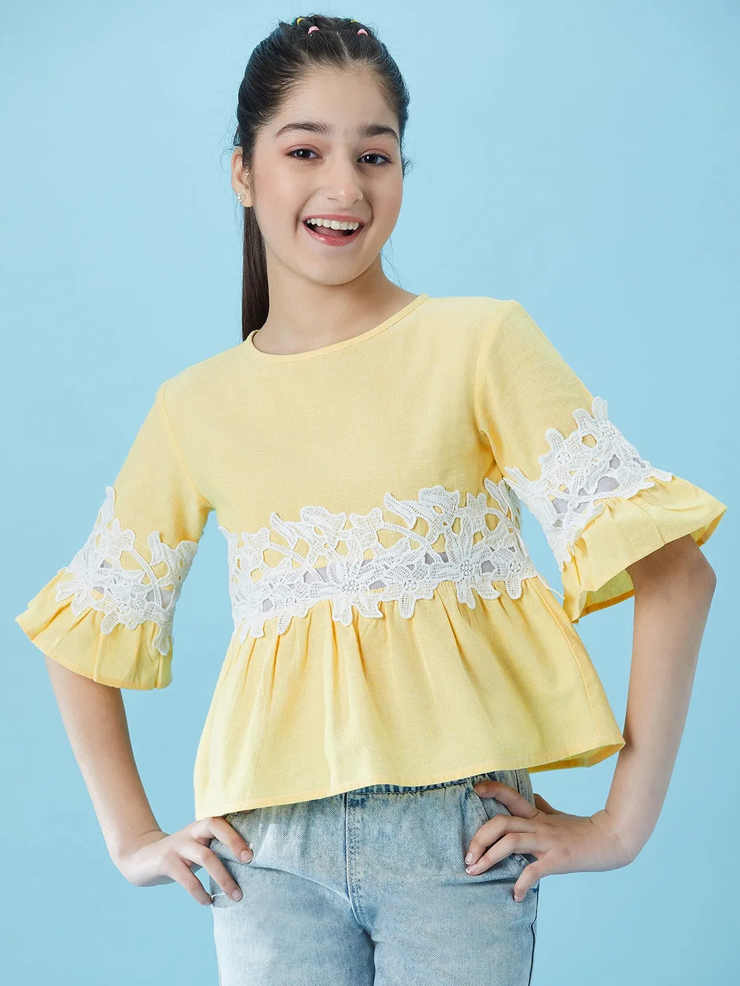 Girls Lace Insert Cotton Peplum Top