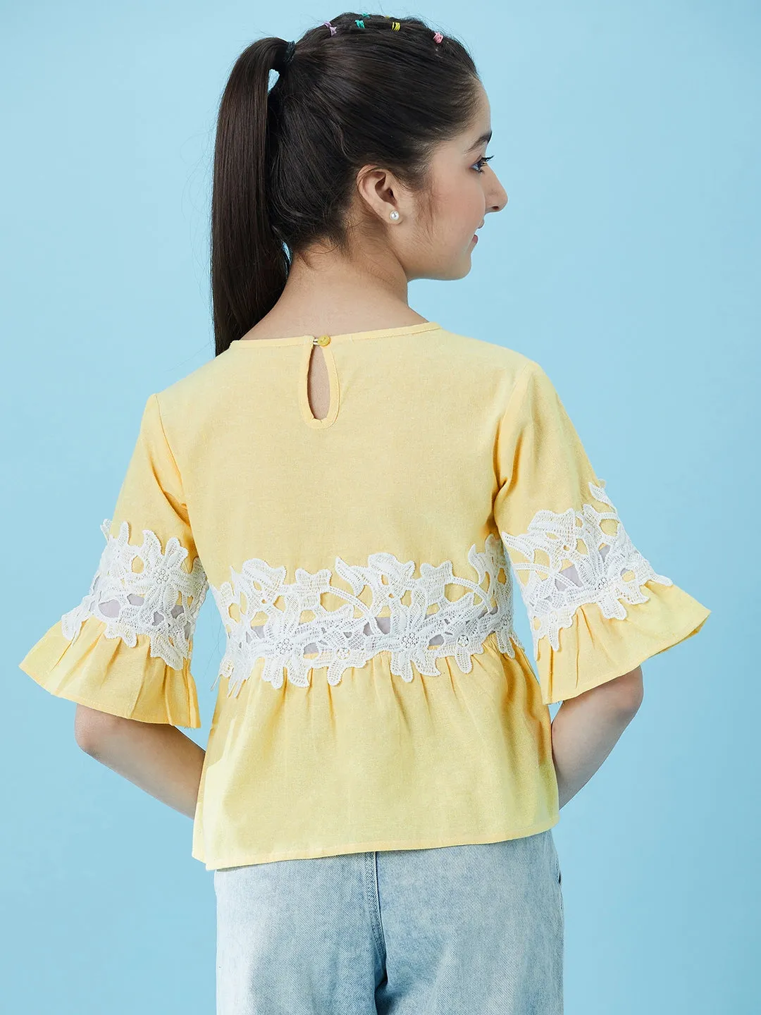 Girls Lace Insert Cotton Peplum Top