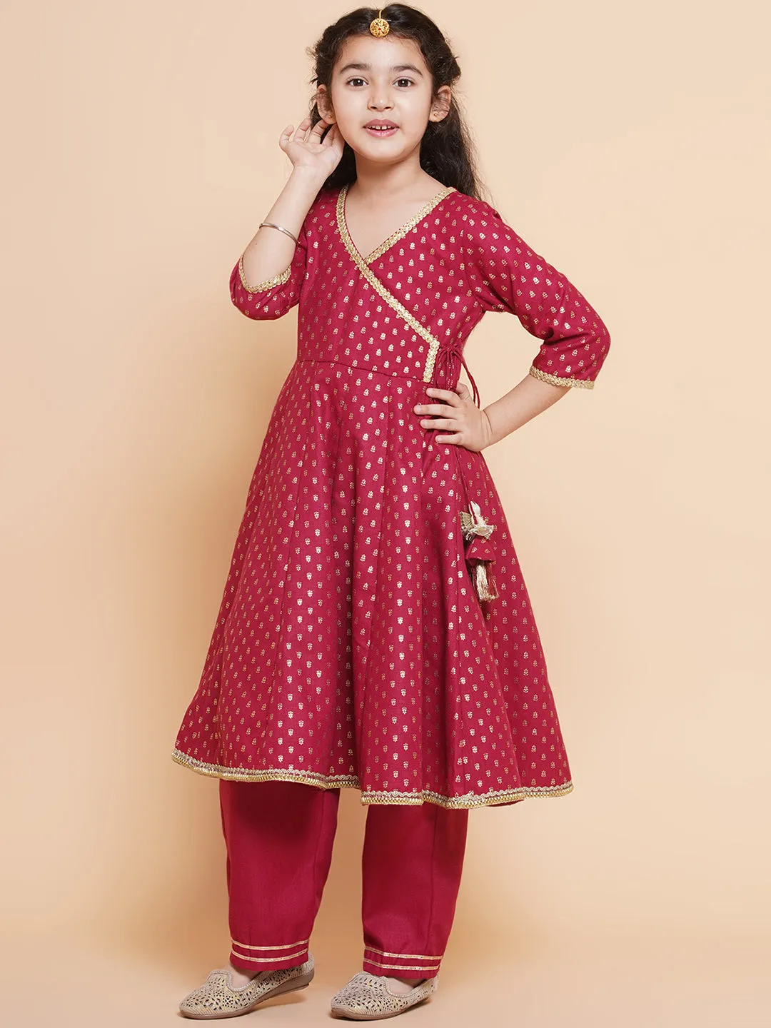 Girl's Maroon Ethnic Motifs Printed Angrakha Cotton Kurta With Trouser  & Dupatta - Bitiya By Bhama