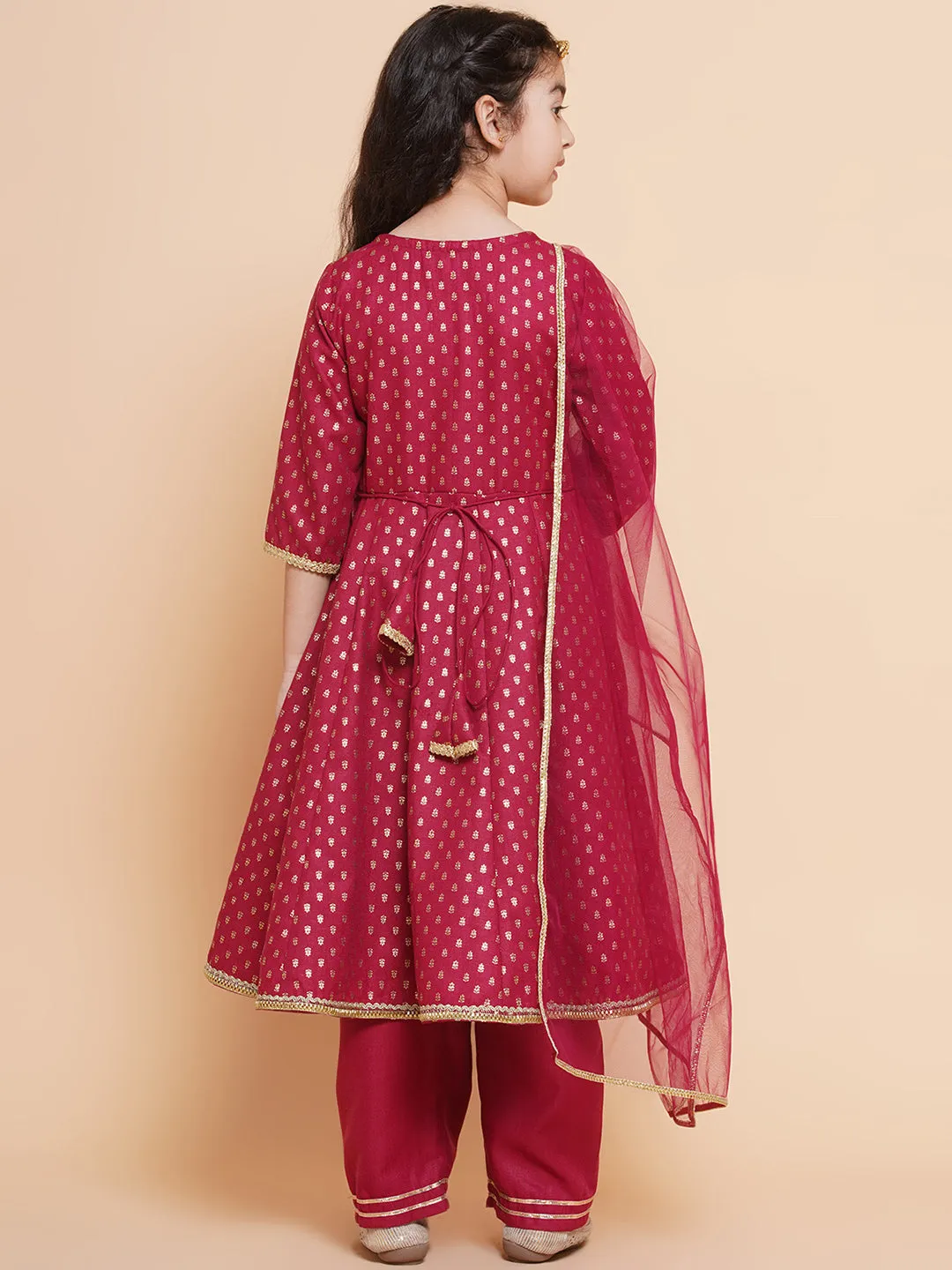 Girl's Maroon Ethnic Motifs Printed Angrakha Cotton Kurta With Trouser  & Dupatta - Bitiya By Bhama