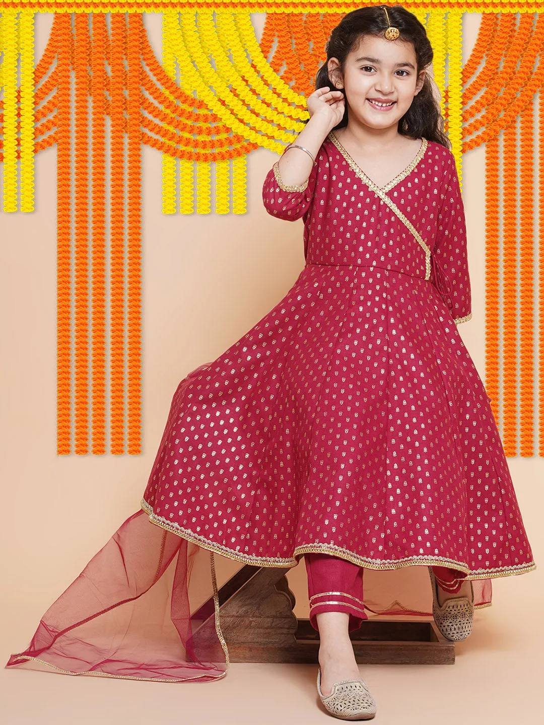 Girl's Maroon Ethnic Motifs Printed Angrakha Cotton Kurta With Trouser  & Dupatta - Bitiya By Bhama