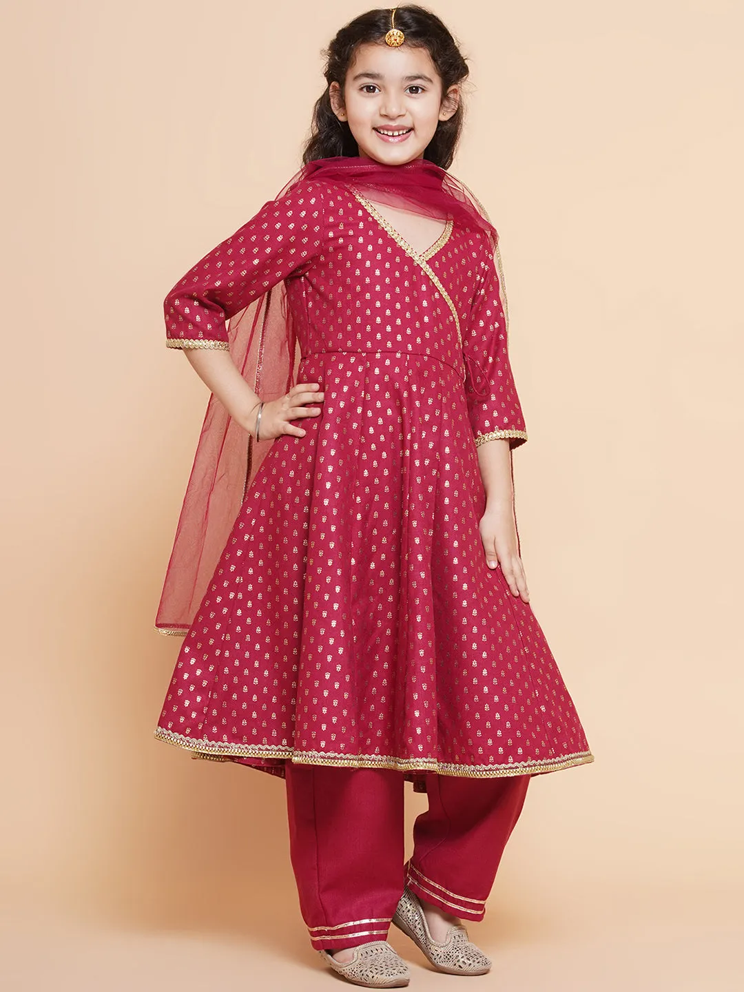 Girl's Maroon Ethnic Motifs Printed Angrakha Cotton Kurta With Trouser  & Dupatta - Bitiya By Bhama