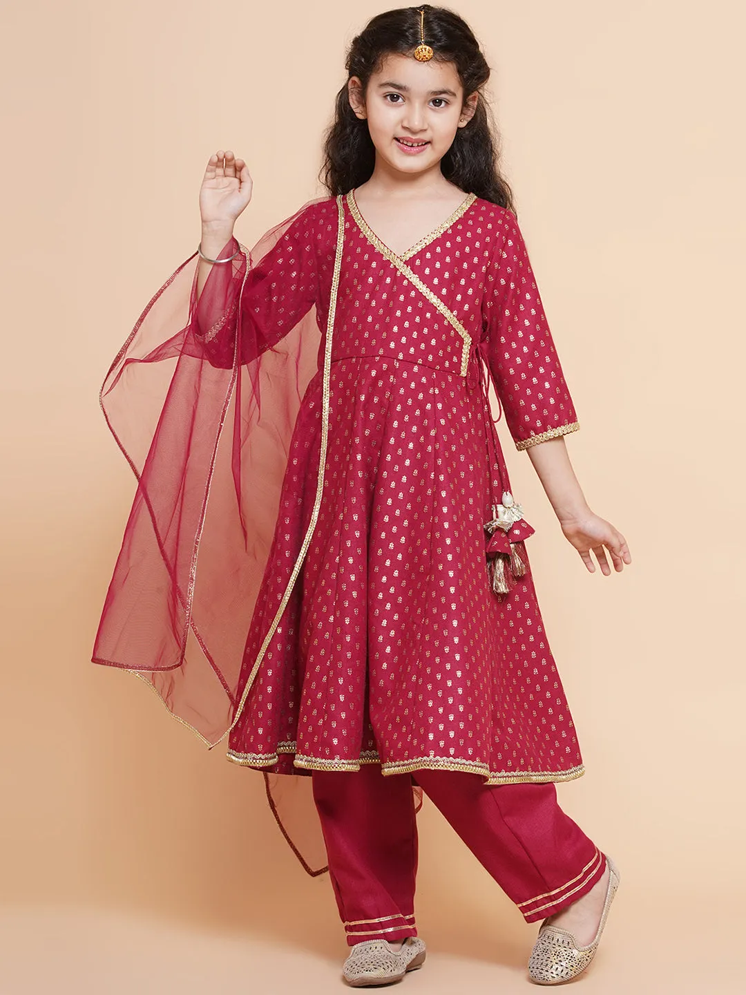 Girl's Maroon Ethnic Motifs Printed Angrakha Cotton Kurta With Trouser  & Dupatta - Bitiya By Bhama