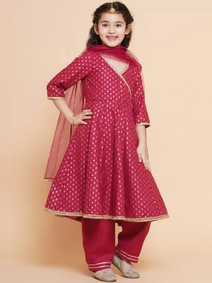 Girl's Maroon Ethnic Motifs Printed Angrakha Cotton Kurta With Trouser  & Dupatta - Bitiya By Bhama