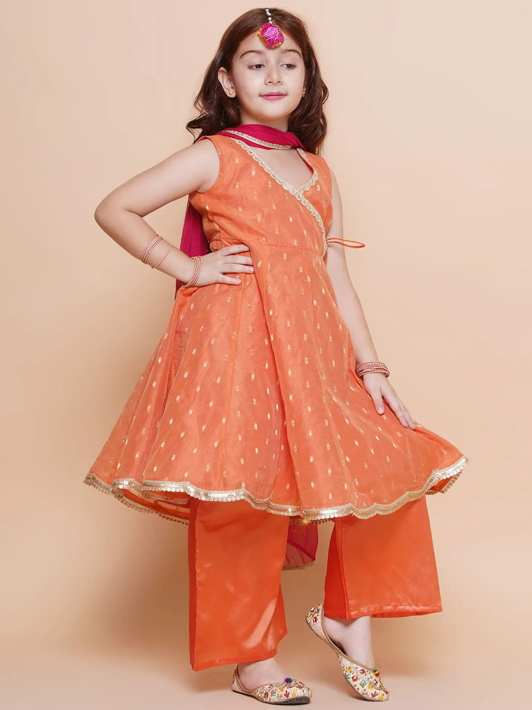 Girls Peach Orange booti Angrakha Gotta Patti Kurta & Trousers set With Dupatta