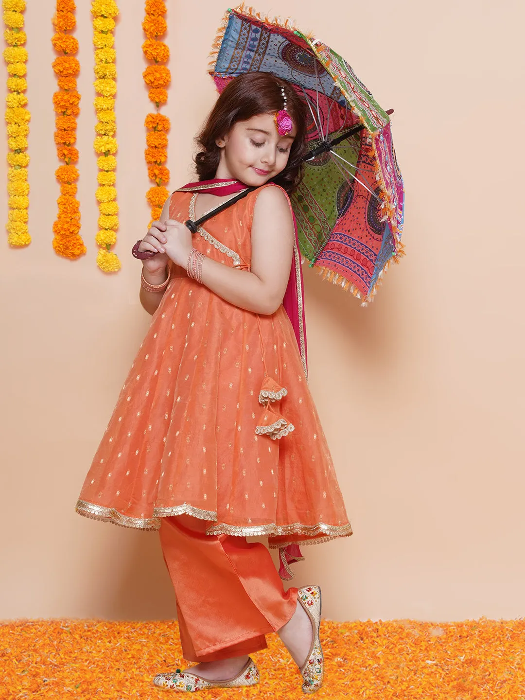 Girls Peach Orange booti Angrakha Gotta Patti Kurta & Trousers set With Dupatta