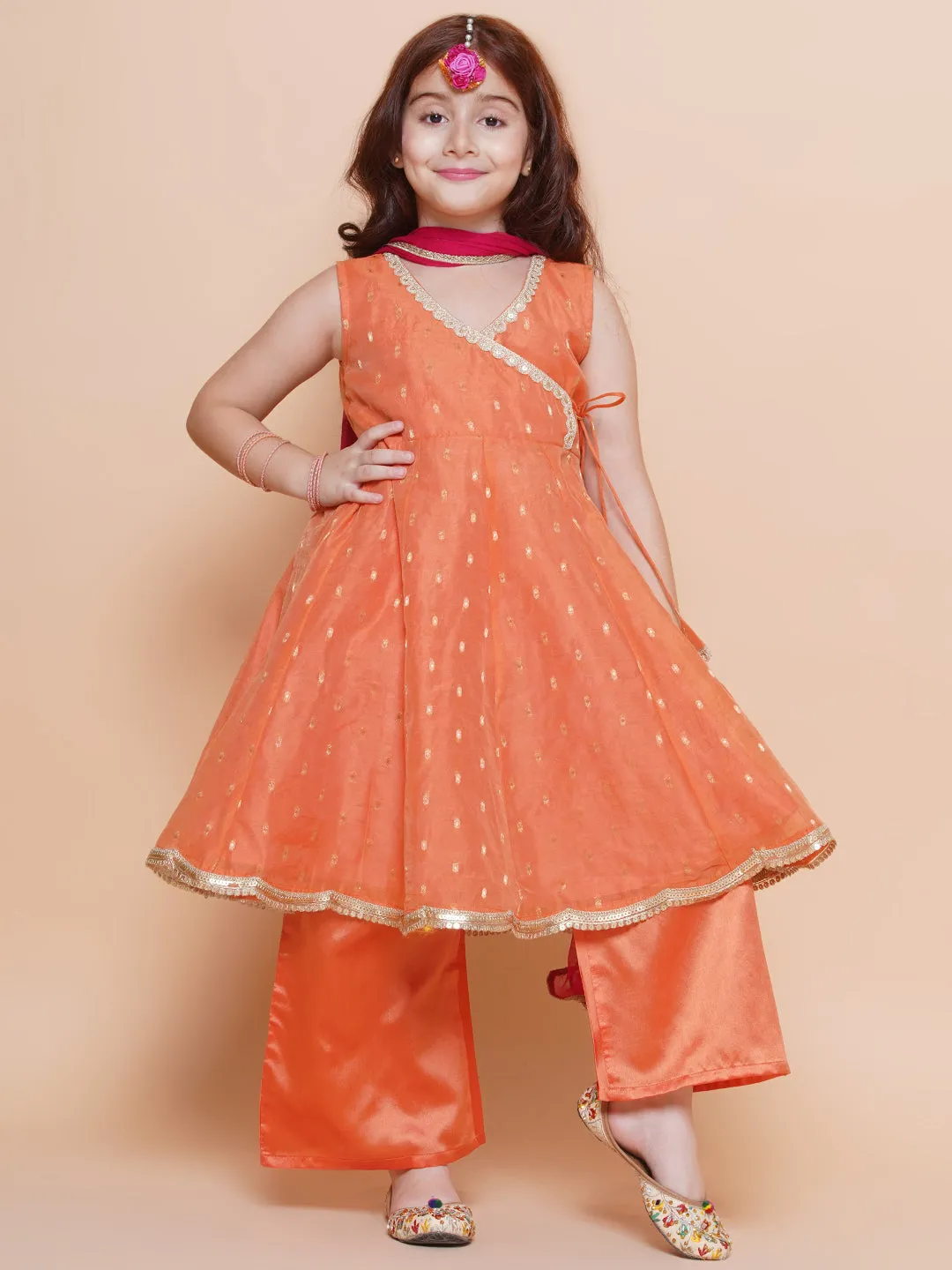 Girls Peach Orange booti Angrakha Gotta Patti Kurta & Trousers set With Dupatta