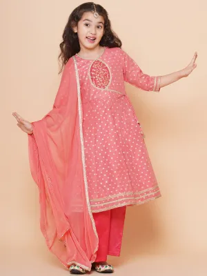 Girls Peach Self design Booti Angrakha Gotta Patti Kurta & with Trouser  & Dupatta