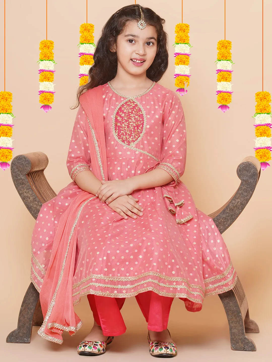 Girls Peach Self design Booti Angrakha Gotta Patti Kurta & with Trouser  & Dupatta