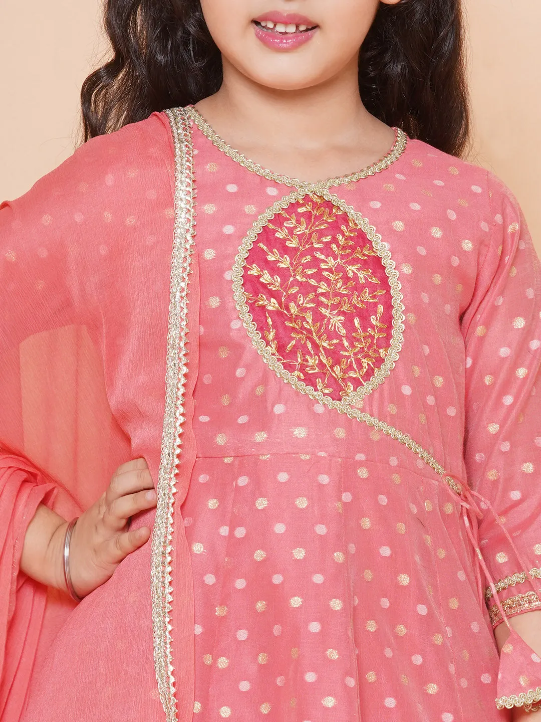 Girls Peach Self design Booti Angrakha Gotta Patti Kurta & with Trouser  & Dupatta