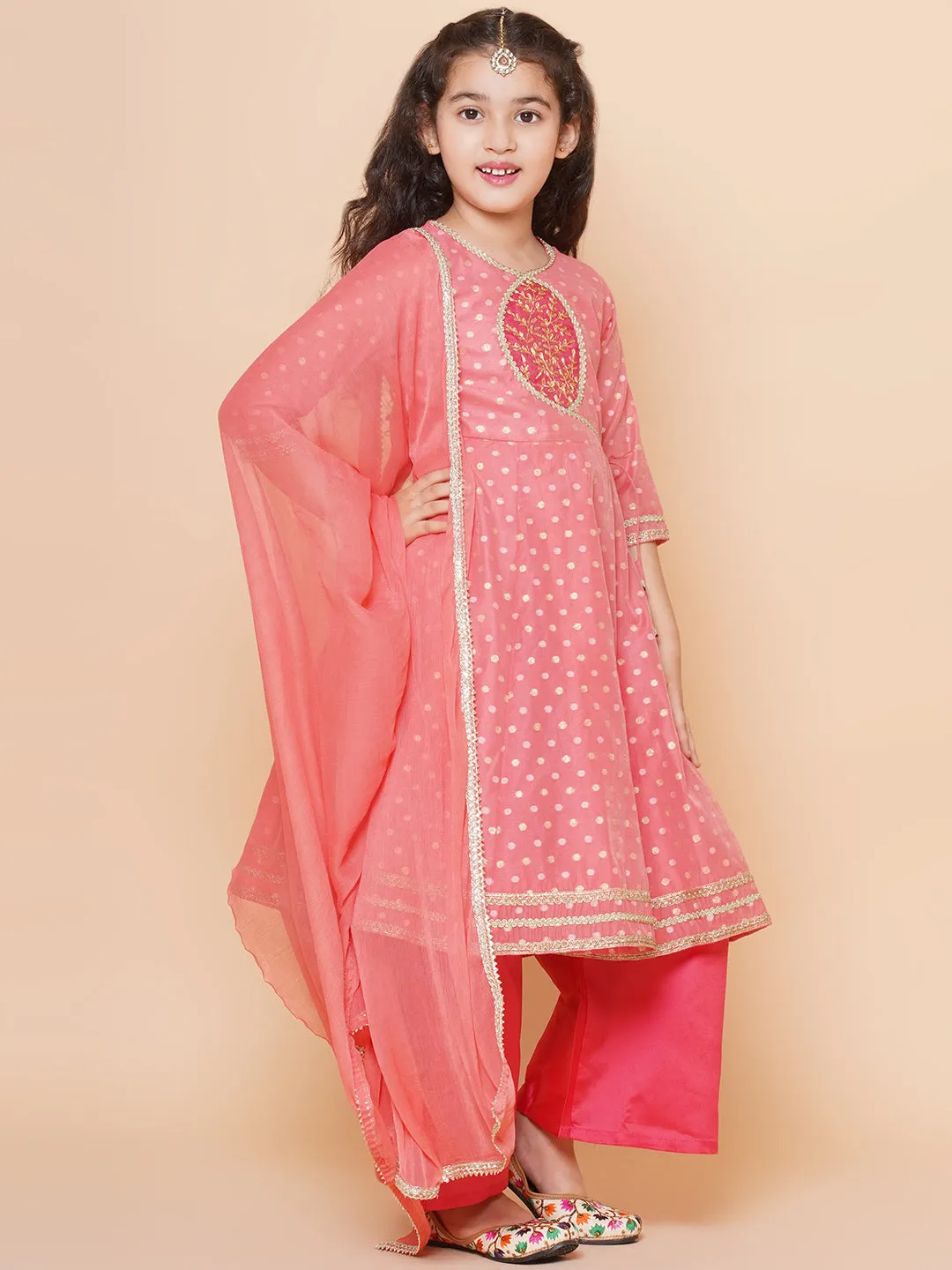 Girls Peach Self design Booti Angrakha Gotta Patti Kurta & with Trouser  & Dupatta