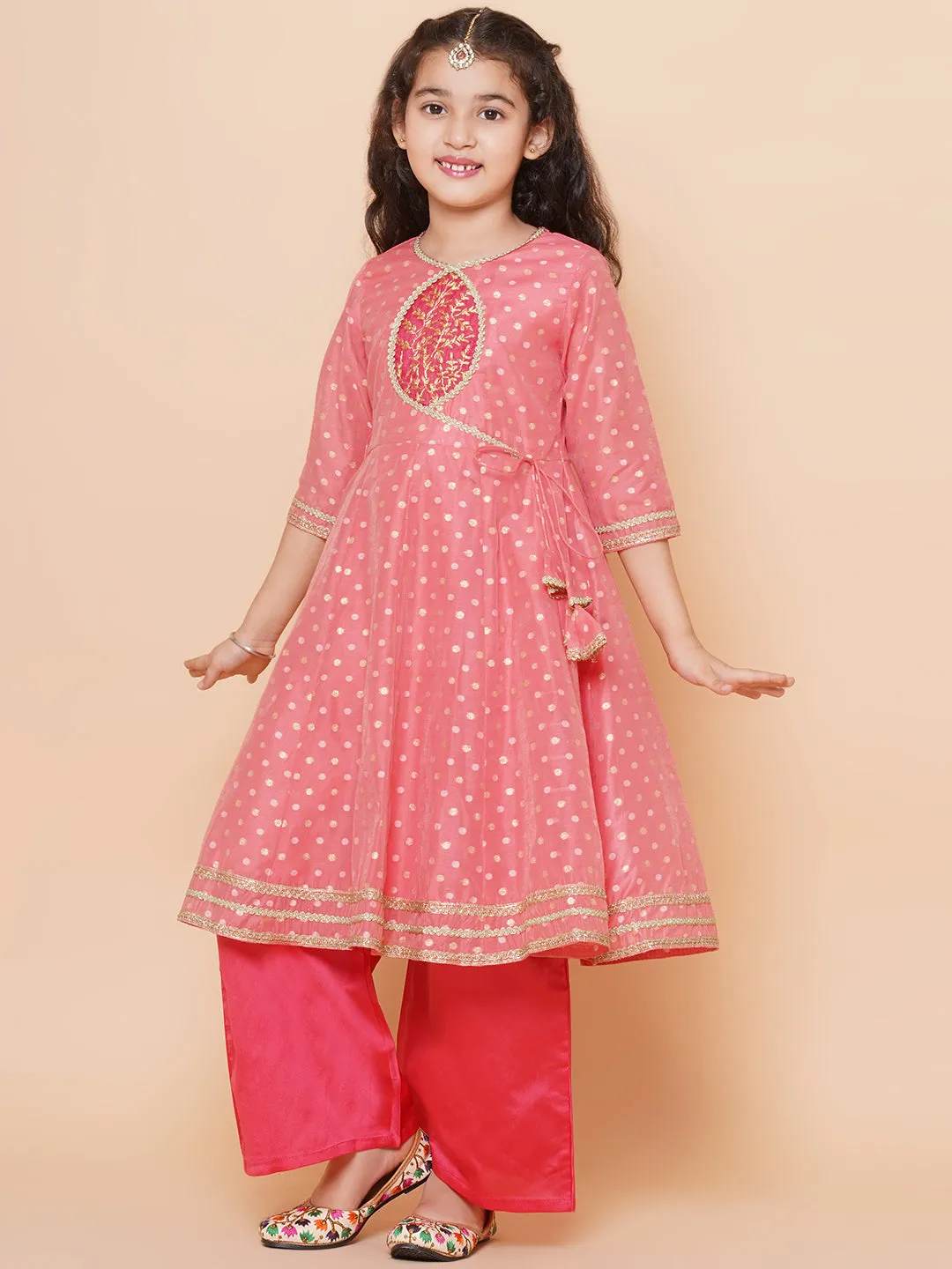 Girls Peach Self design Booti Angrakha Gotta Patti Kurta & with Trouser  & Dupatta