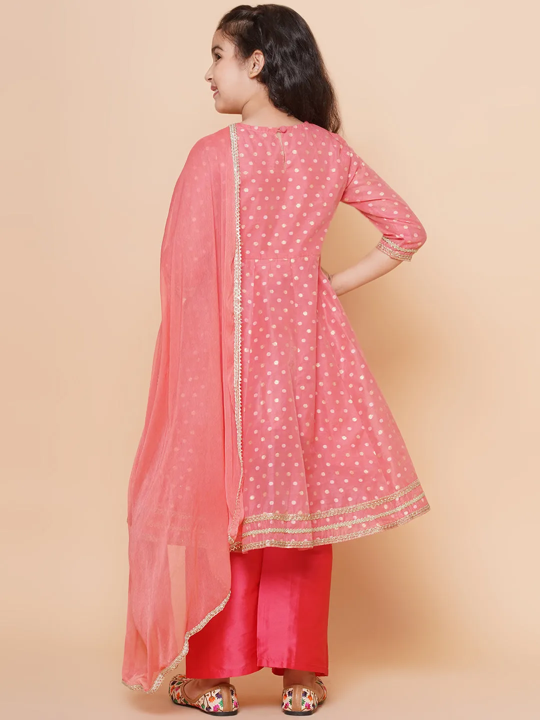 Girls Peach Self design Booti Angrakha Gotta Patti Kurta & with Trouser  & Dupatta