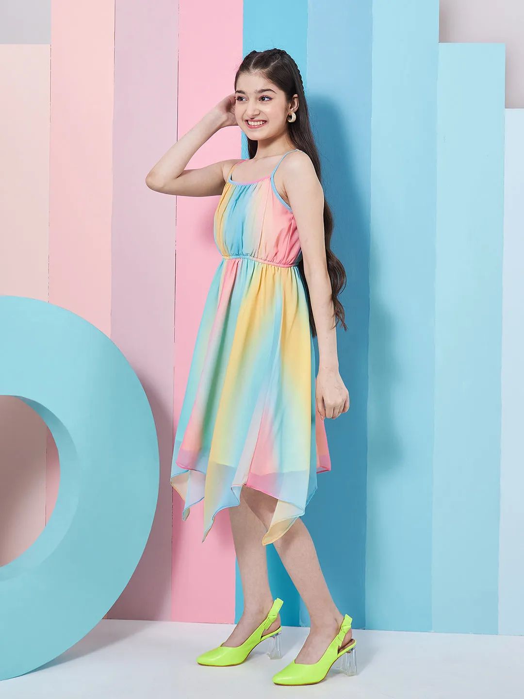 Girls Striped Shoulder Strap Crepe Fit Flare Midi Dress - PS Peaches