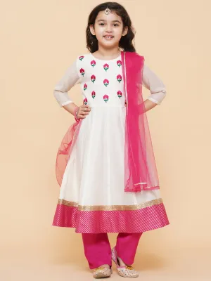 Girl's White Embroidered Anarkali Kurta With Trouser & With Dupatta - Bitiya By Bhama