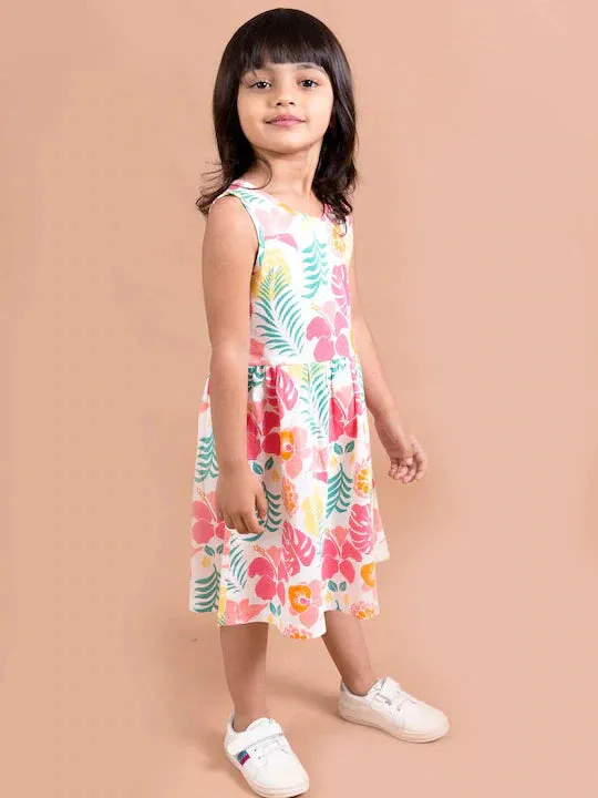 Girls White Pink Floral A-Line Midi Dress - Ps Peaches