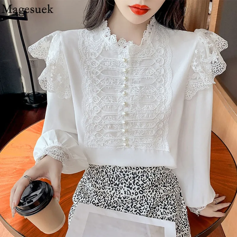 Graduation Gifts   Autumn Vintage Loose Chiffon Shirt Women Long Sleeve Beading Lace White Blouse Women Stand Collar Ruffles Office Lady Tops 16087