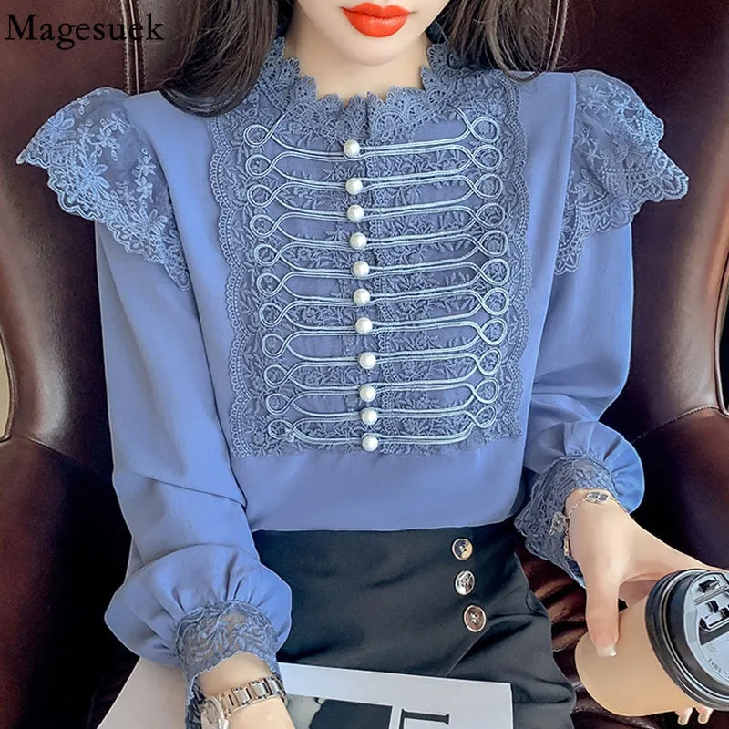 Graduation Gifts   Autumn Vintage Loose Chiffon Shirt Women Long Sleeve Beading Lace White Blouse Women Stand Collar Ruffles Office Lady Tops 16087