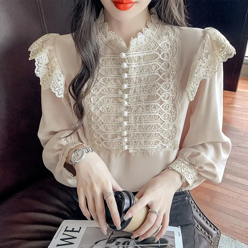 Graduation Gifts   Autumn Vintage Loose Chiffon Shirt Women Long Sleeve Beading Lace White Blouse Women Stand Collar Ruffles Office Lady Tops 16087