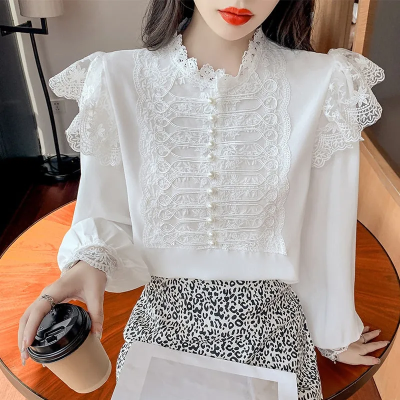 Graduation Gifts   Autumn Vintage Loose Chiffon Shirt Women Long Sleeve Beading Lace White Blouse Women Stand Collar Ruffles Office Lady Tops 16087