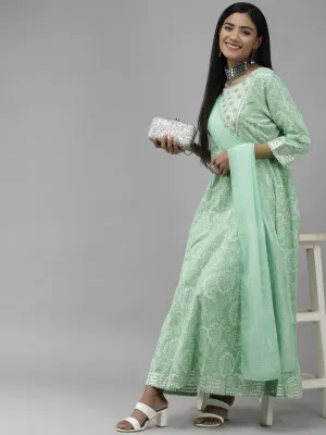 Green Bhandhani Yoke Design Dupatta Set