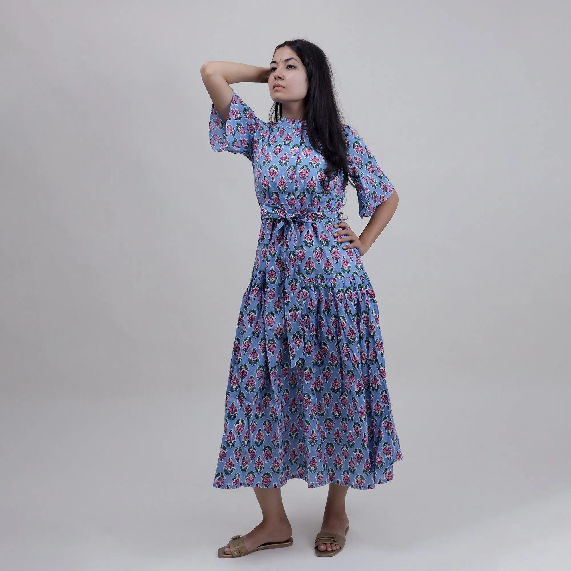 Hand Block Pink Floral Printed Soft Cotton Midi Dress