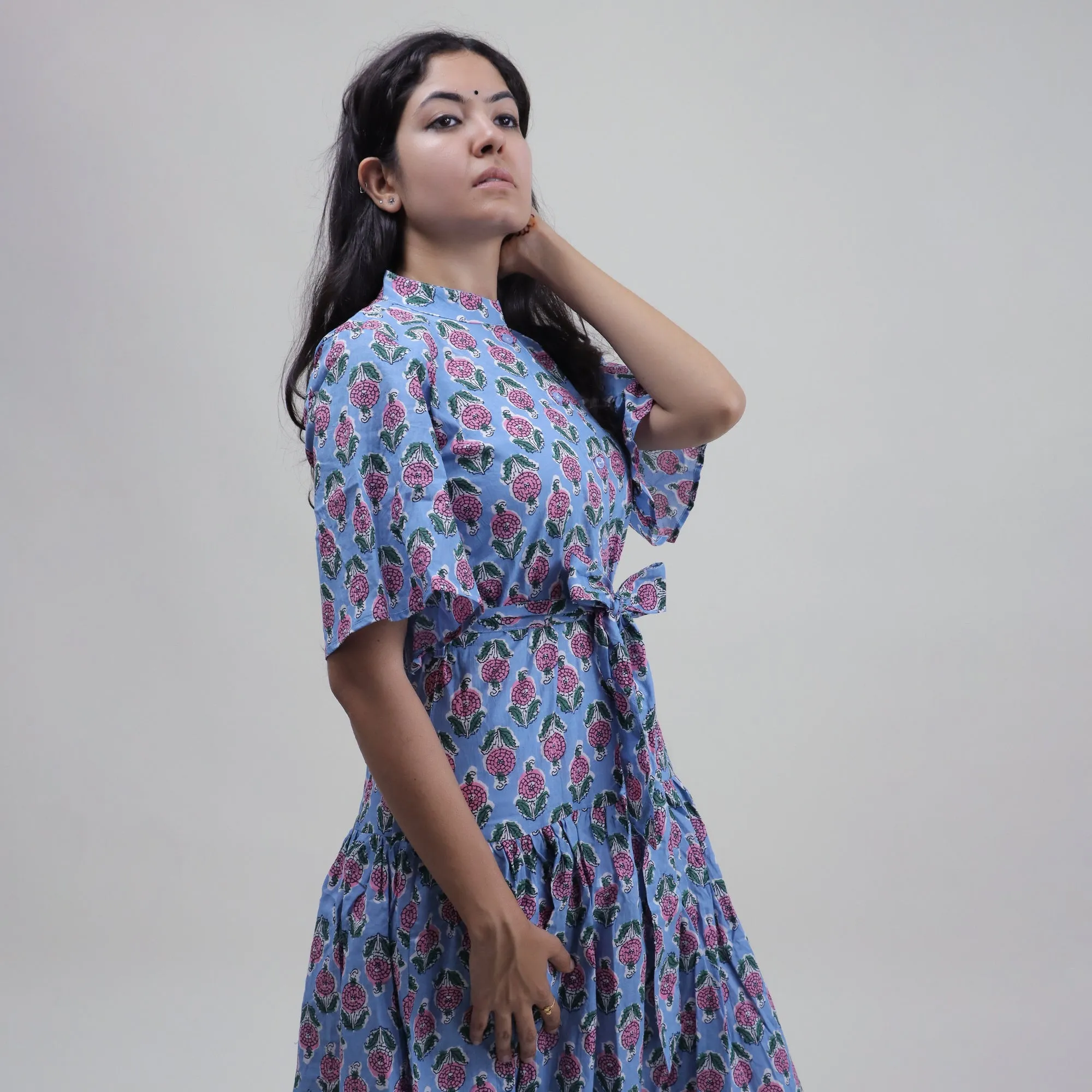 Hand Block Pink Floral Printed Soft Cotton Midi Dress