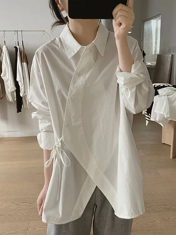 Irregular Clipping Long Sleeves Lace-Up Solid Color Lapel Blouses