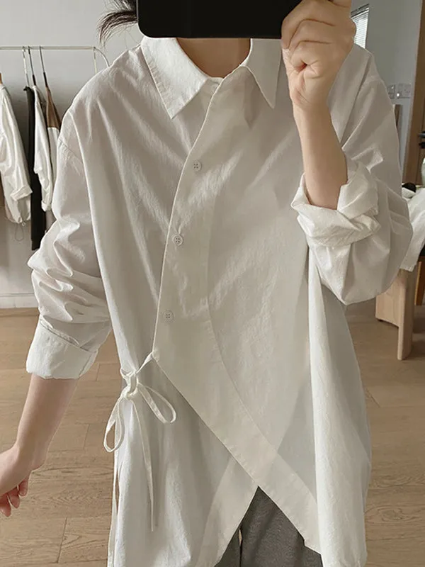 Irregular Clipping Long Sleeves Lace-Up Solid Color Lapel Blouses