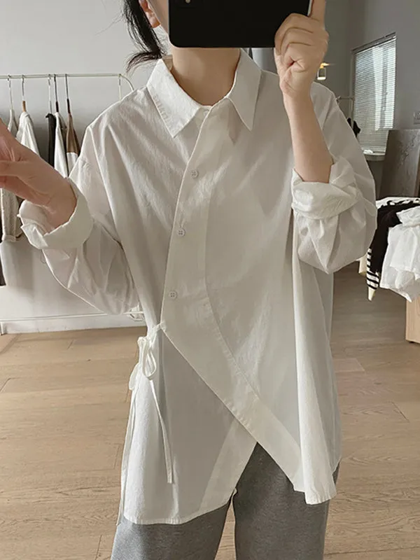 Irregular Clipping Long Sleeves Lace-Up Solid Color Lapel Blouses