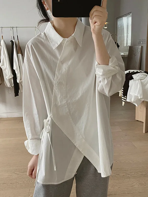 Irregular Clipping Long Sleeves Lace-Up Solid Color Lapel Blouses