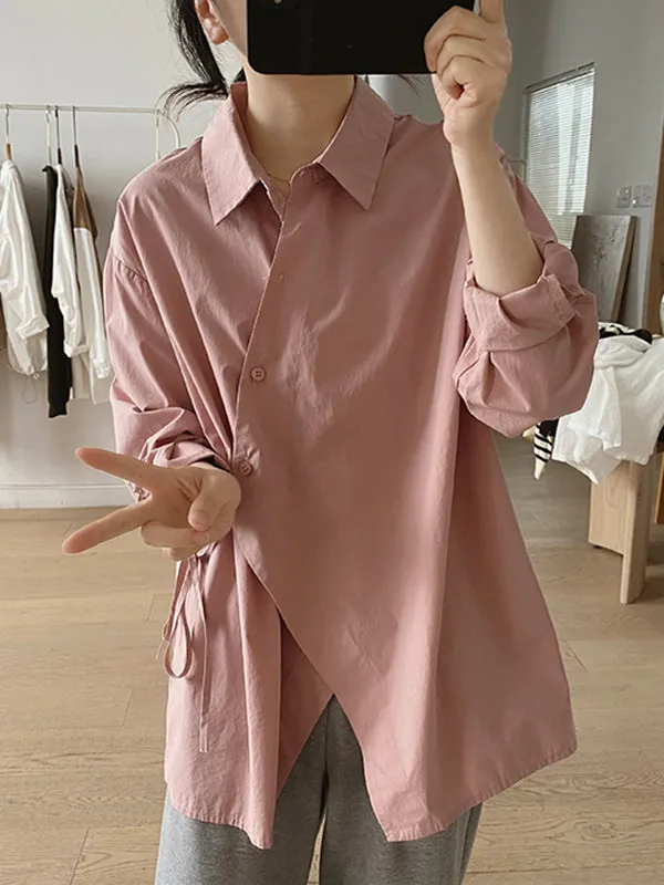 Irregular Clipping Long Sleeves Lace-Up Solid Color Lapel Blouses