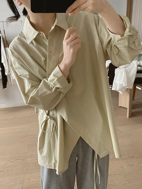 Irregular Clipping Long Sleeves Lace-Up Solid Color Lapel Blouses