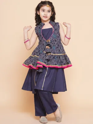 Jashvi Girls Navy Blue Kurta Set With Shrug