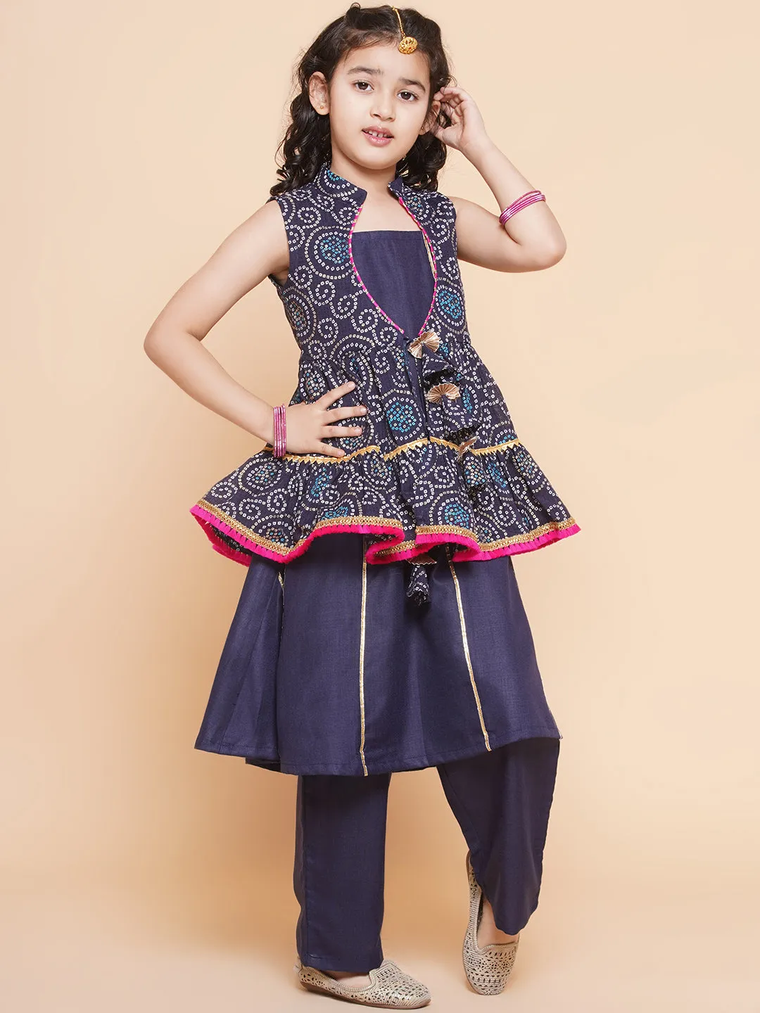 Jashvi Girls Navy Blue Kurta Set With Shrug