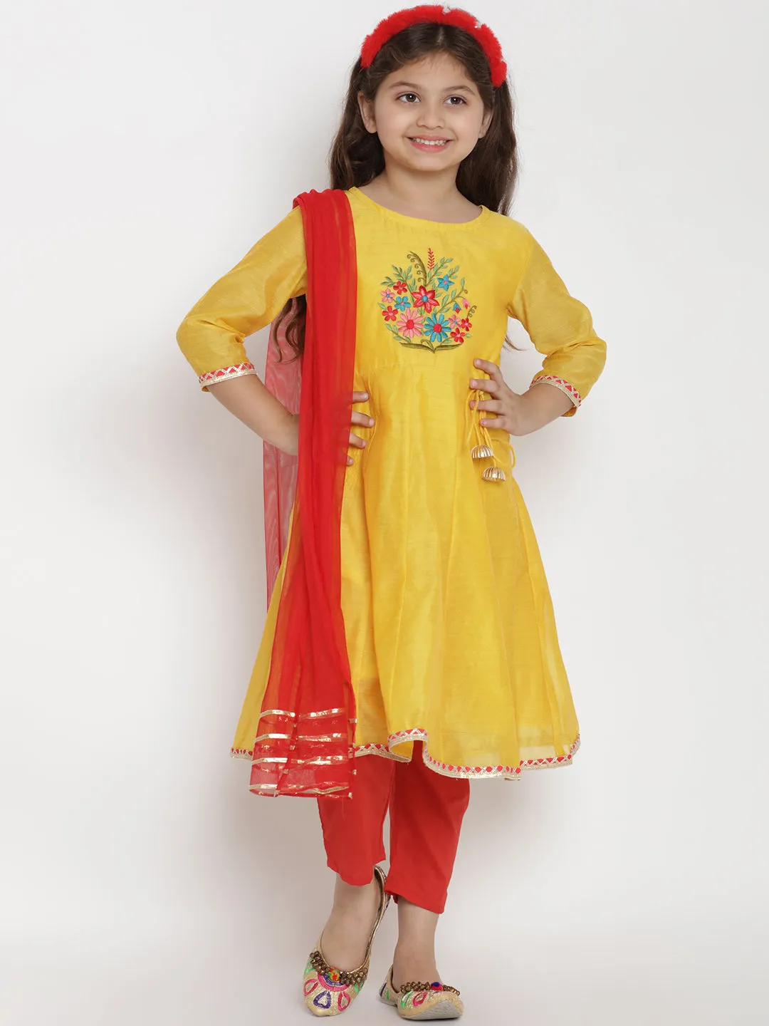 Jashvi Girls Yellow & Red Embroidered Kurta With Trousers & Dupatta