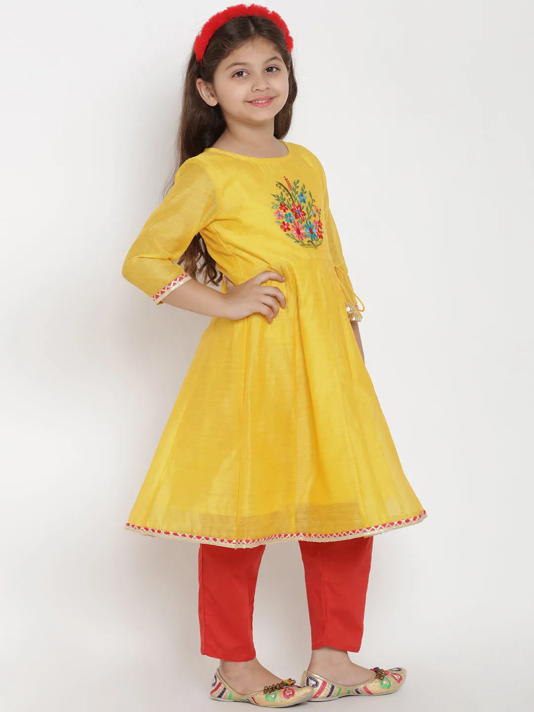 Jashvi Girls Yellow & Red Embroidered Kurta With Trousers & Dupatta