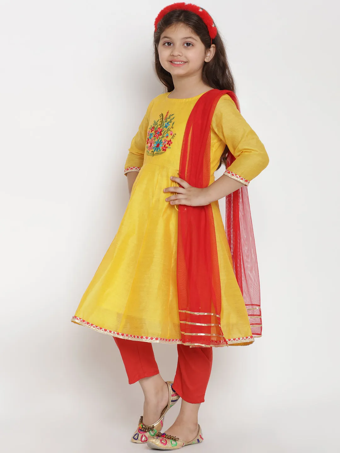 Jashvi Girls Yellow & Red Embroidered Kurta With Trousers & Dupatta