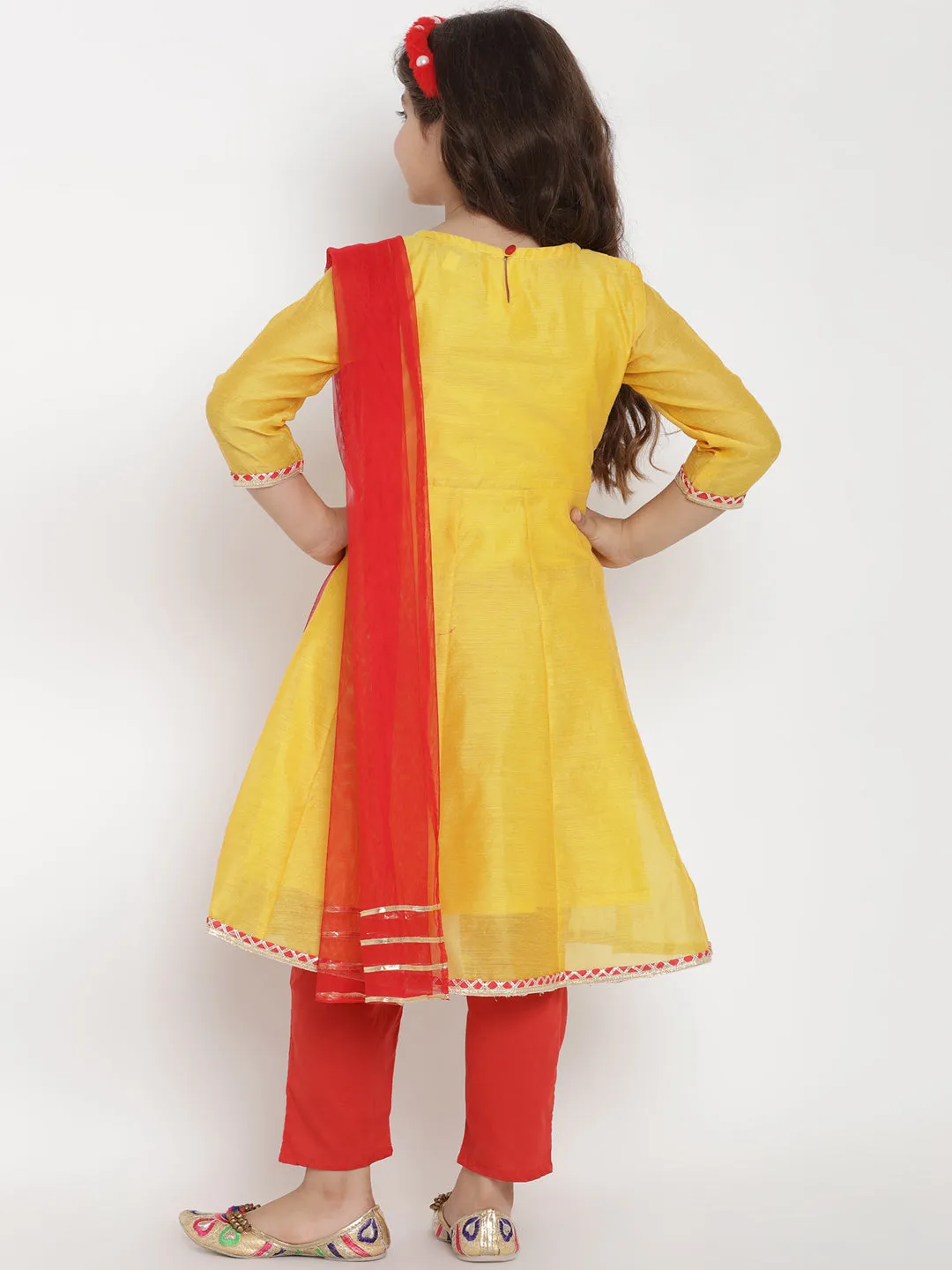 Jashvi Girls Yellow & Red Embroidered Kurta With Trousers & Dupatta